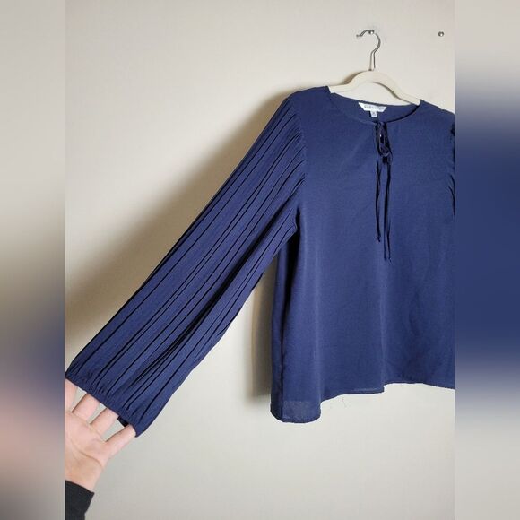Navy Blue Pleated Sleeve Blouse Office Corporate Formal Church Modest Medium - Picture 6 of 9